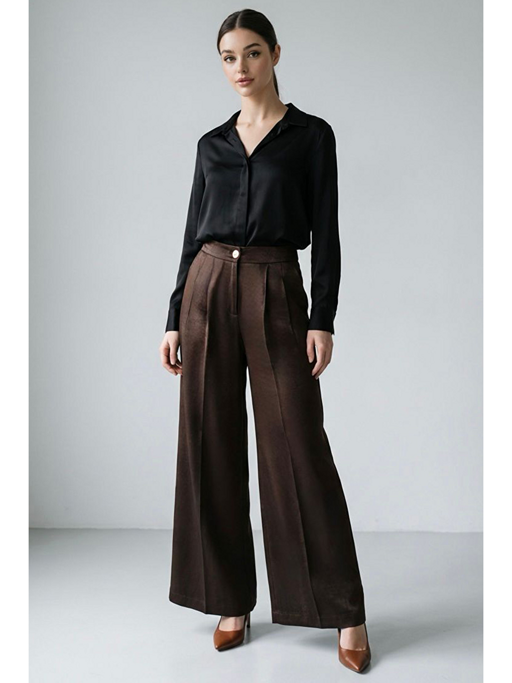 Acı Kahverengi Geniş Paça Saten Pantolon Mg2736-4