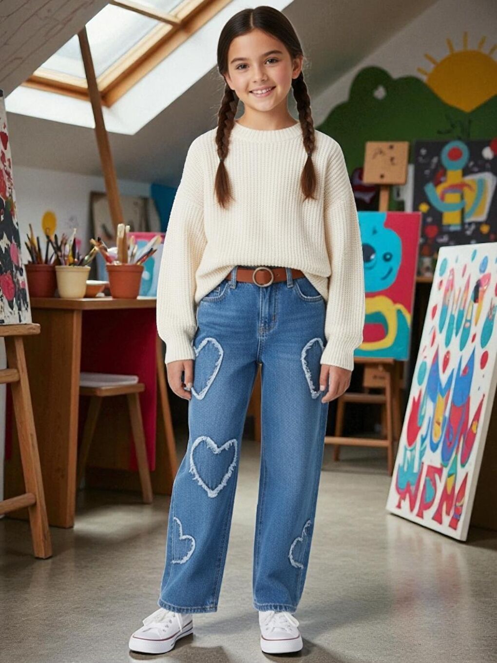 Mavi Kız Çocuk Geniş Paça Kalp Desenli %100 Pamuk Lastikli Denim Pantolon-3