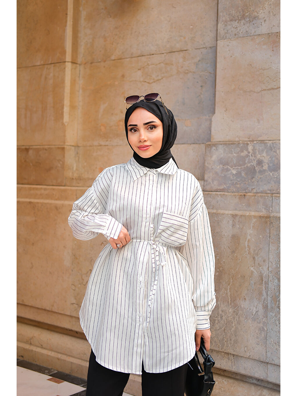Kadın Çizgili Gömlek Beyaz
