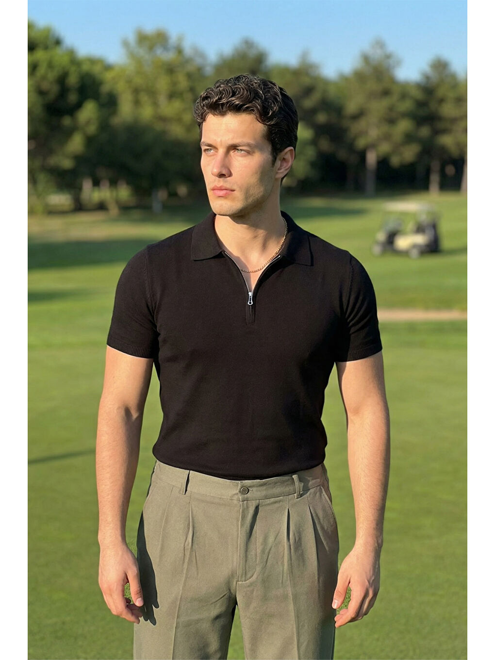 Siyah Osko Erkek Polo Yaka Pamuk Düz İnce Triko Tişört-1