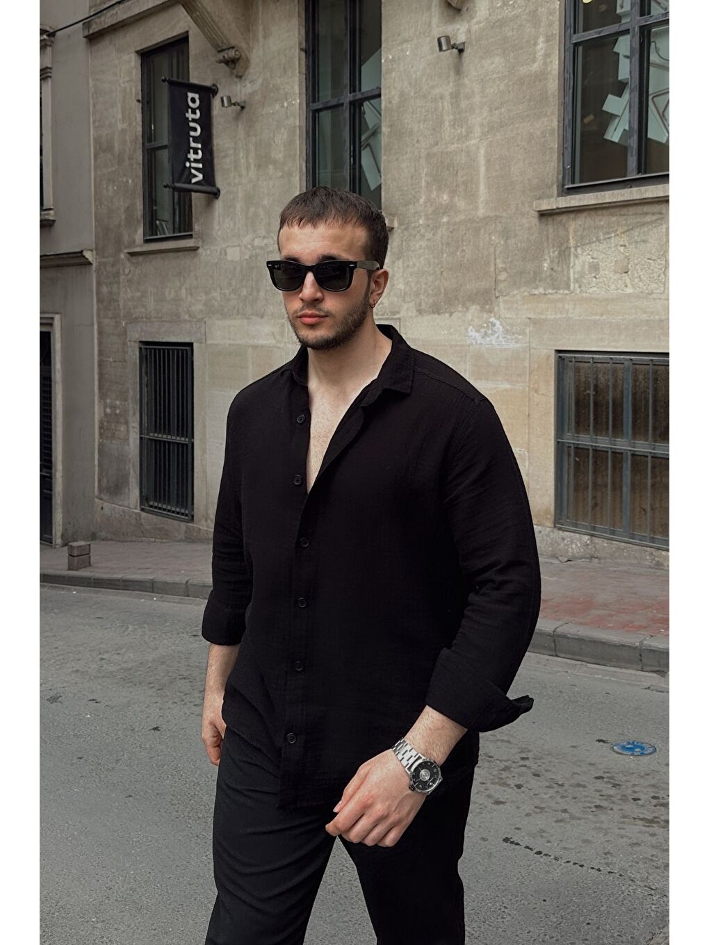 Siyah Tap Erkek Oversize Pamuk Gömlek-3