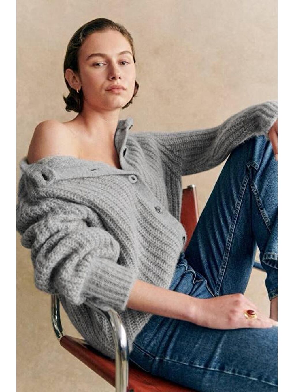 Gri Bisiklet Yaka Selanik Örgü Düğmeli Kadın Hırka Mg2487-3