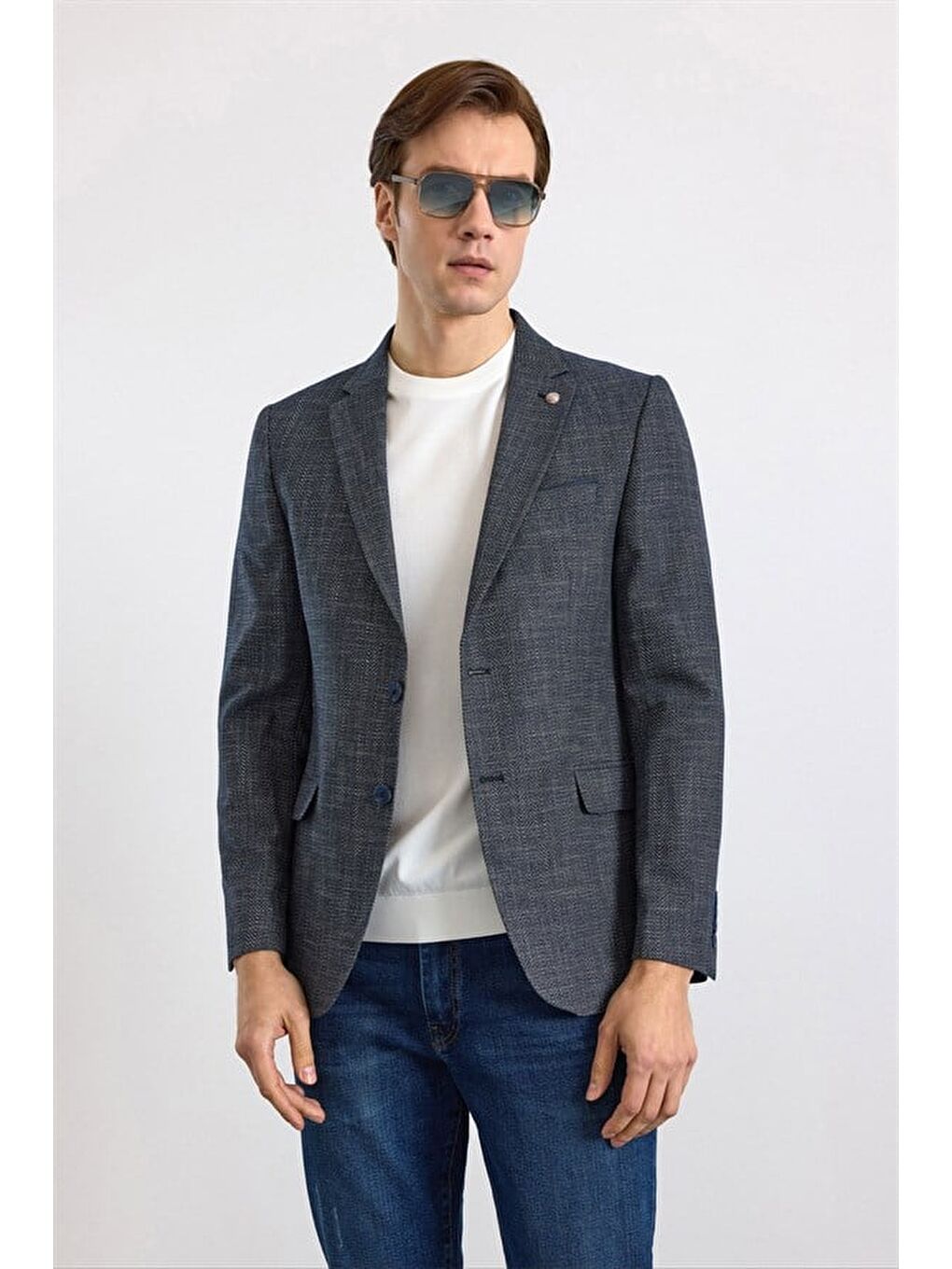 Lacivert Slim Mono Yaka Düz Pike Torba Cep Yıkamalı 6 Drop Klasik Ceket