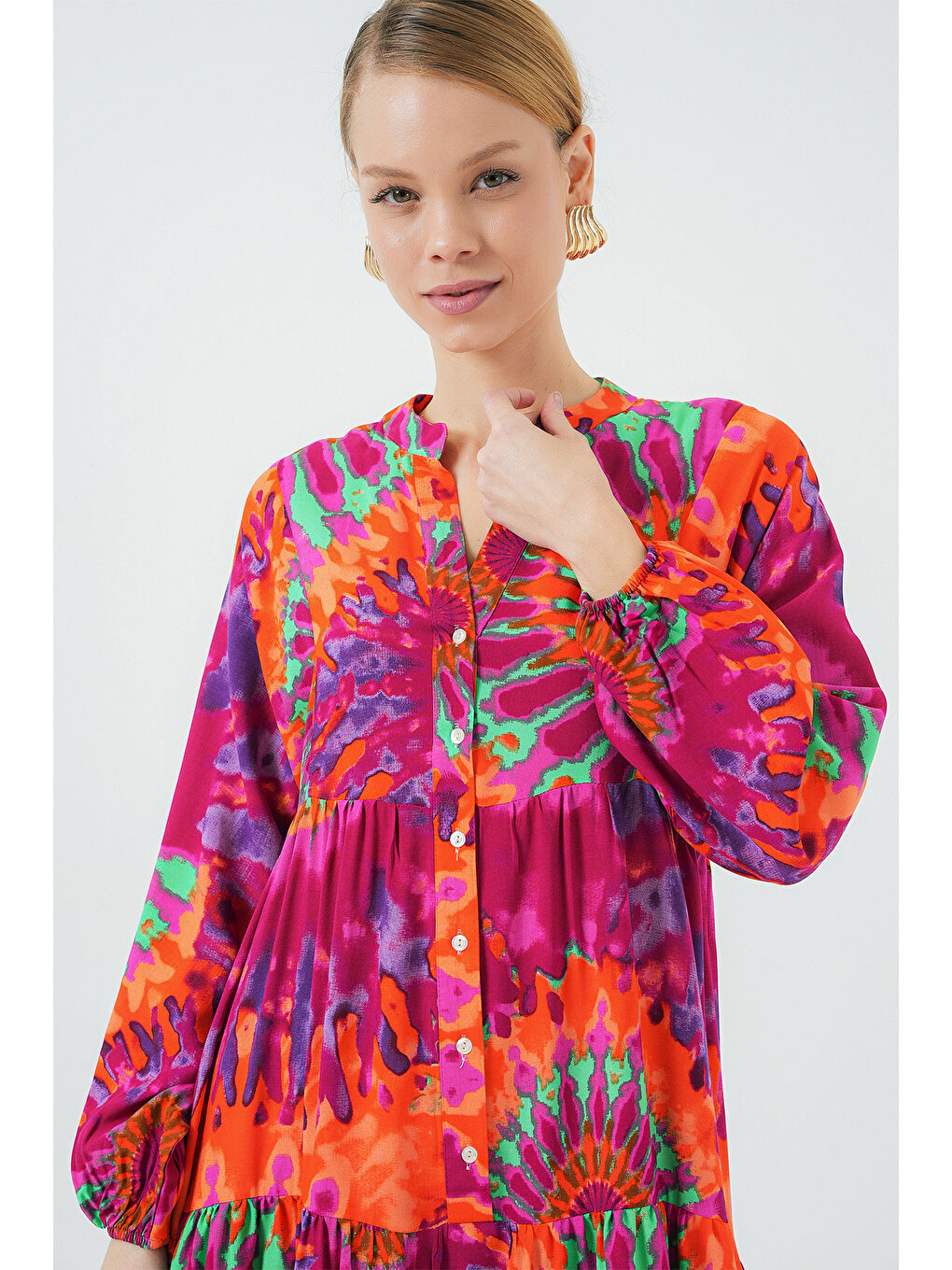 2423 Otantik Desenli Tesettür Elbise - H. Fuşya-2