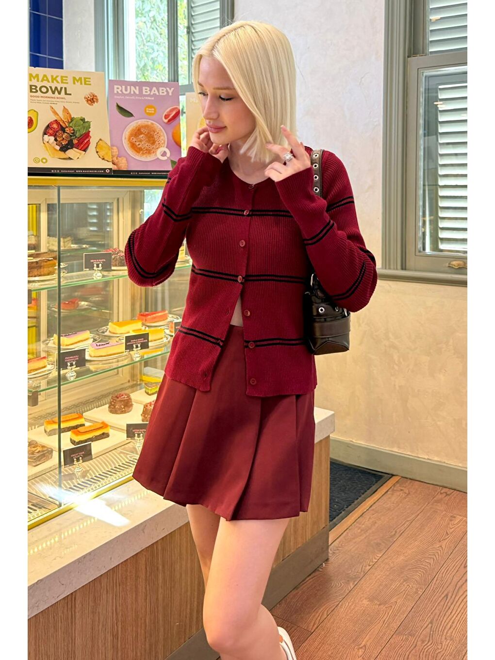 Bordo Çizgili Kadın Triko Hırka Mg2481