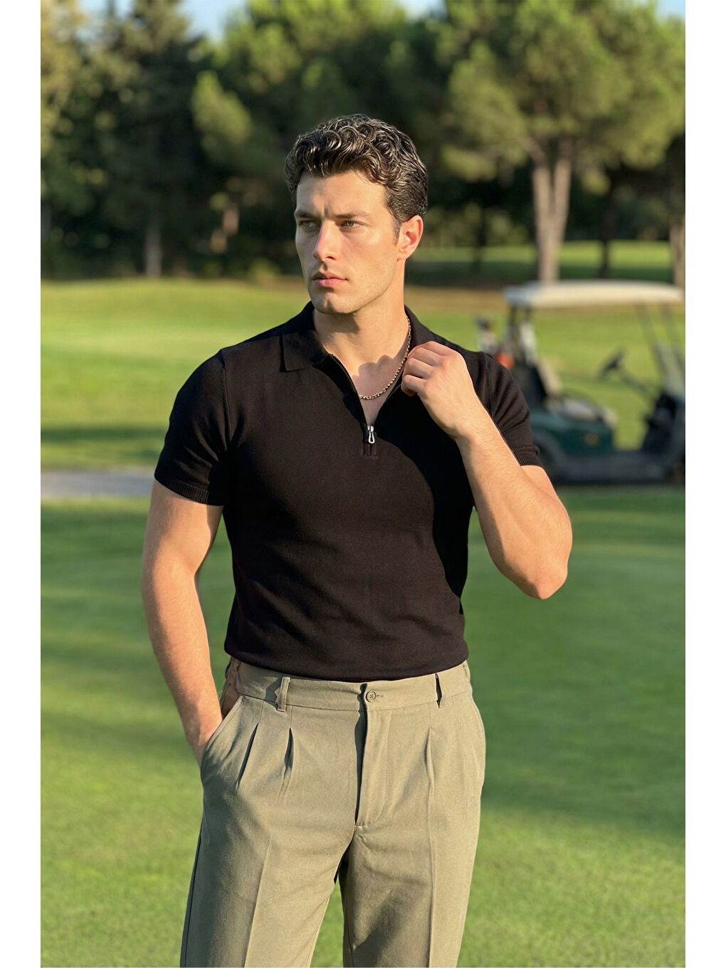 Siyah Osko Erkek Polo Yaka Pamuk Düz İnce Triko Tişört-2