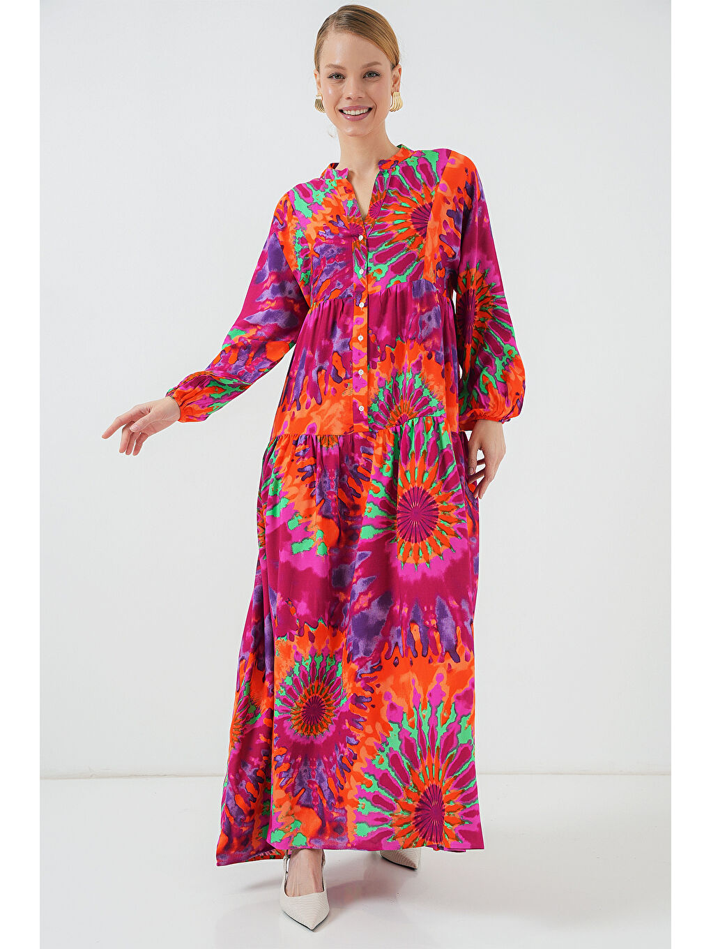 2423 Otantik Desenli Tesettür Elbise - H. Fuşya-3