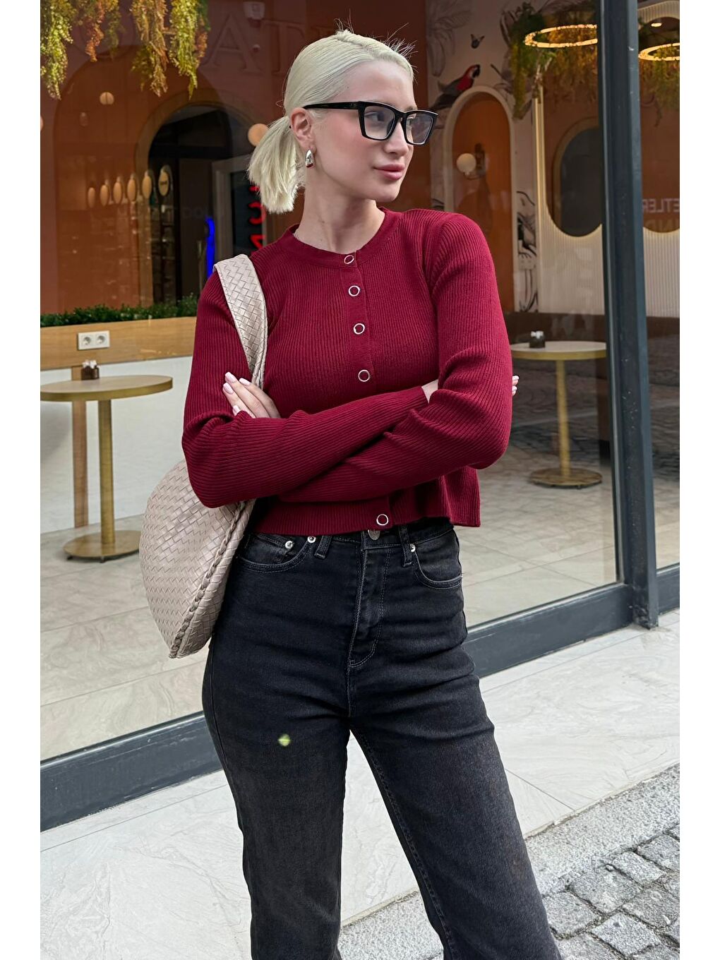 Bordo Çıt Kapamalı Triko Kadın Hırka Mg2579-2