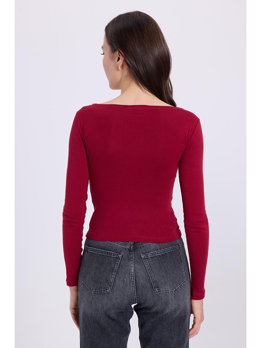 Kadın Slim Fit Dar Kesim Pamuklu Modal Kumaş Uzun Kollu Kayık Yaka Koyu Bordo Bluz-6