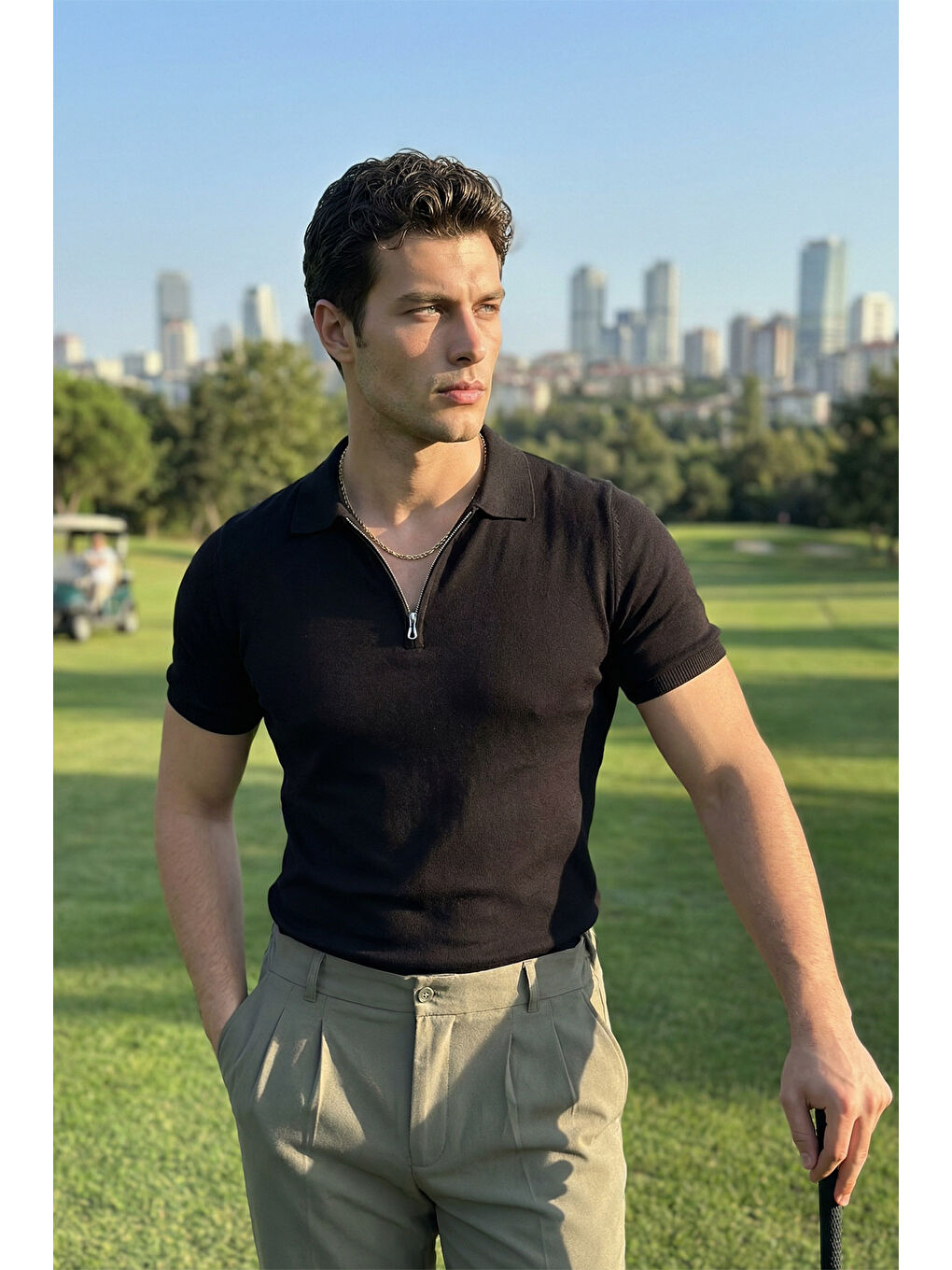 Siyah Osko Erkek Polo Yaka Pamuk Düz İnce Triko Tişört-3