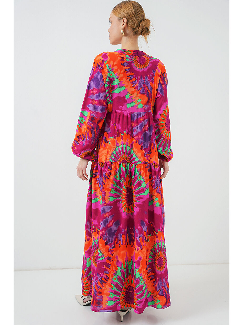 2423 Otantik Desenli Tesettür Elbise - H. Fuşya-5