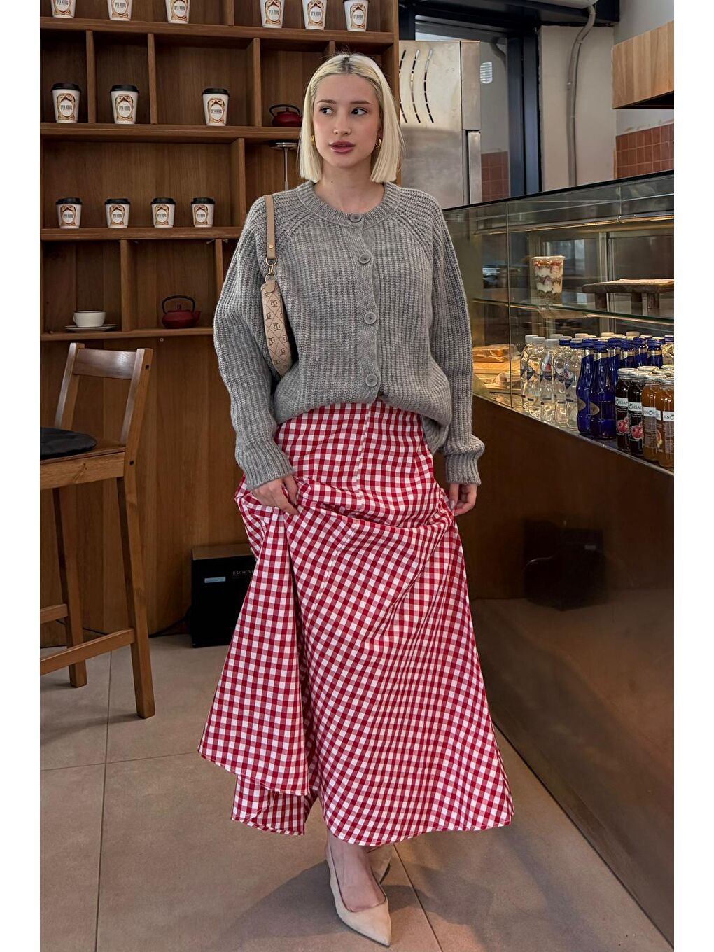 Gri Bisiklet Yaka Selanik Örgü Düğmeli Kadın Hırka Mg2487-5