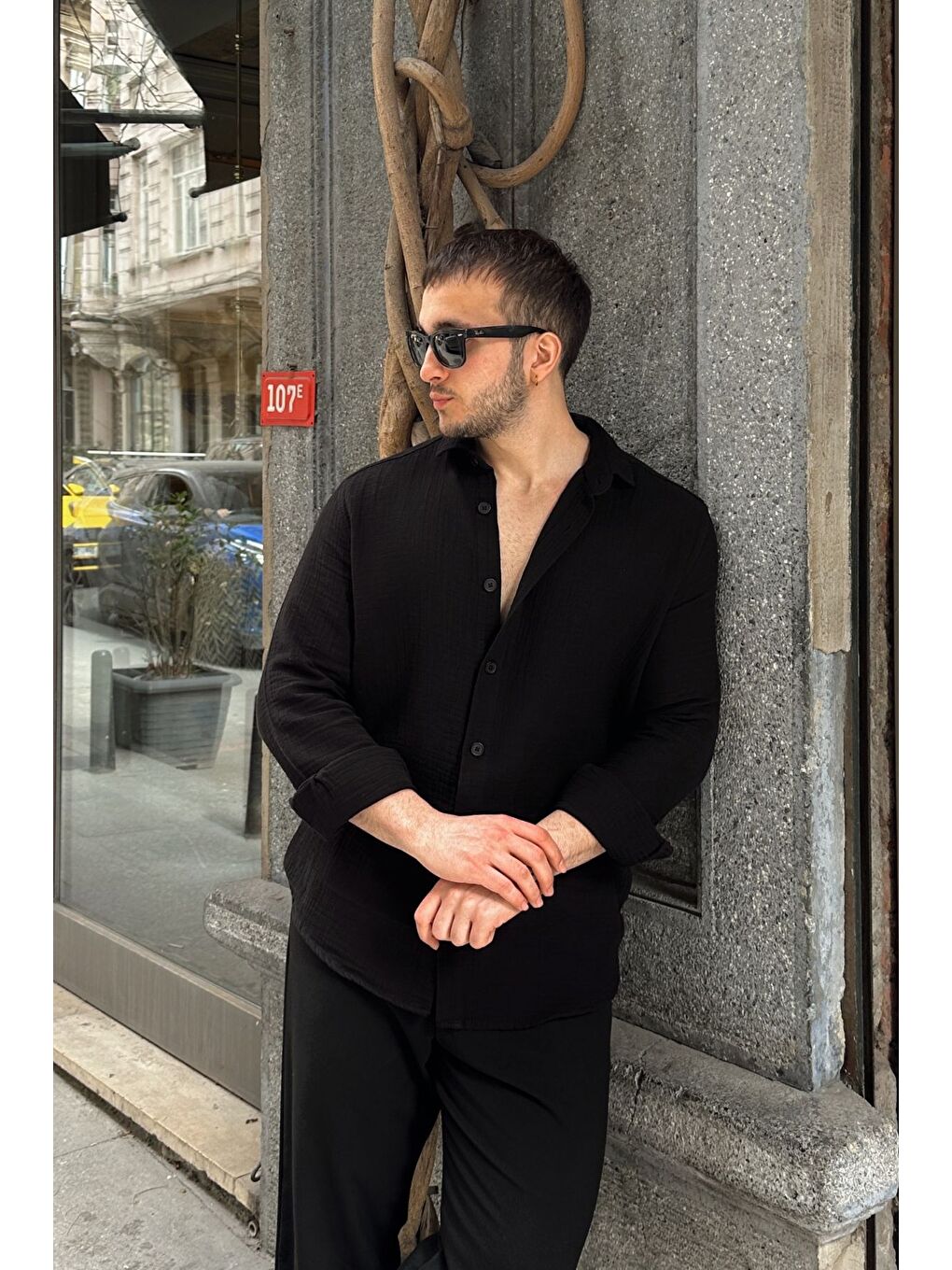 Siyah Tap Erkek Oversize Pamuk Gömlek-5