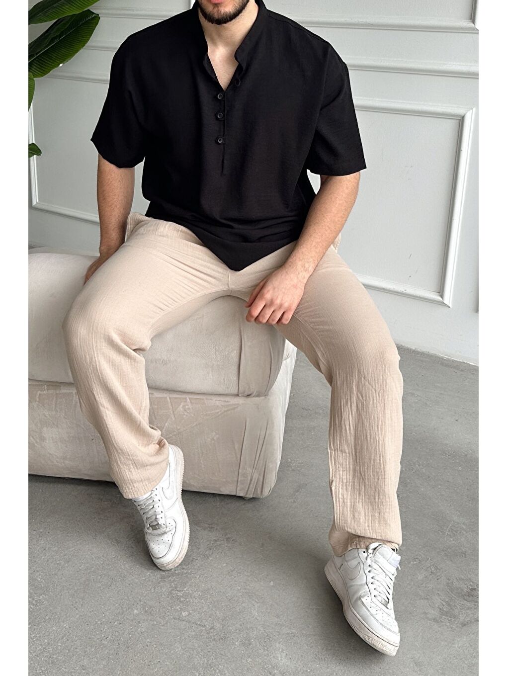 Siyah Soro Erkek Oversize Keten Görünümlü Kısa Kol Hakim Yaka Yarım Pat Gömlek-6