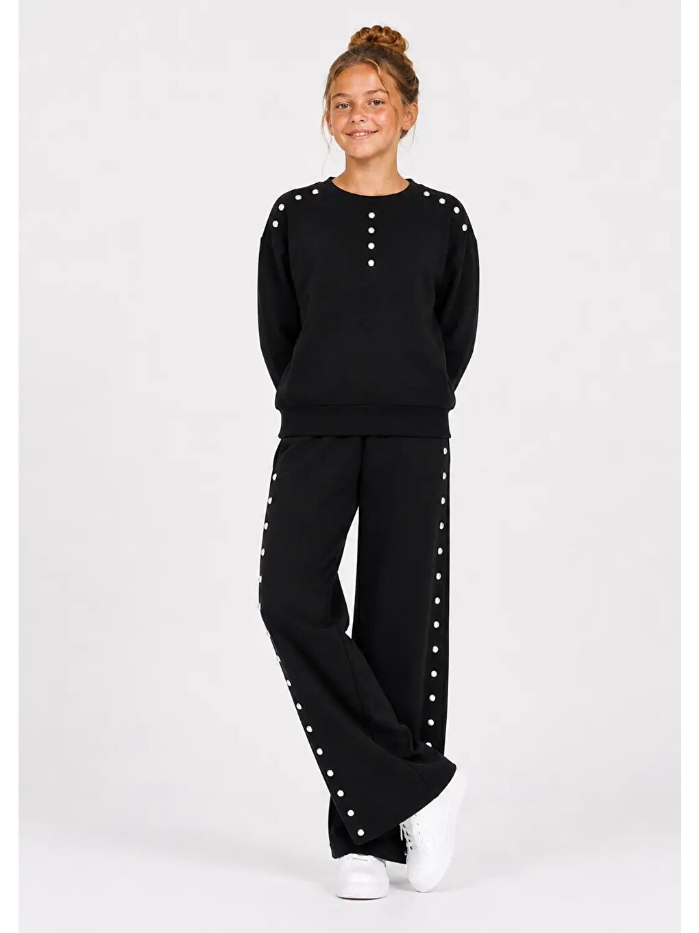 Siyah Zımba Detaylı Bol Paça Kız Çocuk Takım 32472-3