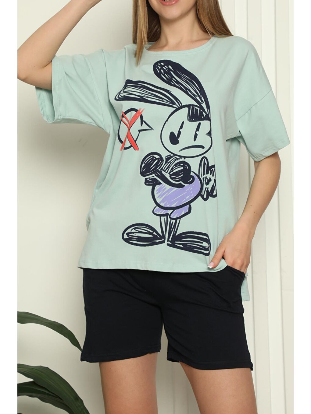 Yeşil Kadın Şortlu Pijama Takımı Kısa Kollu Pamuklu Oversize