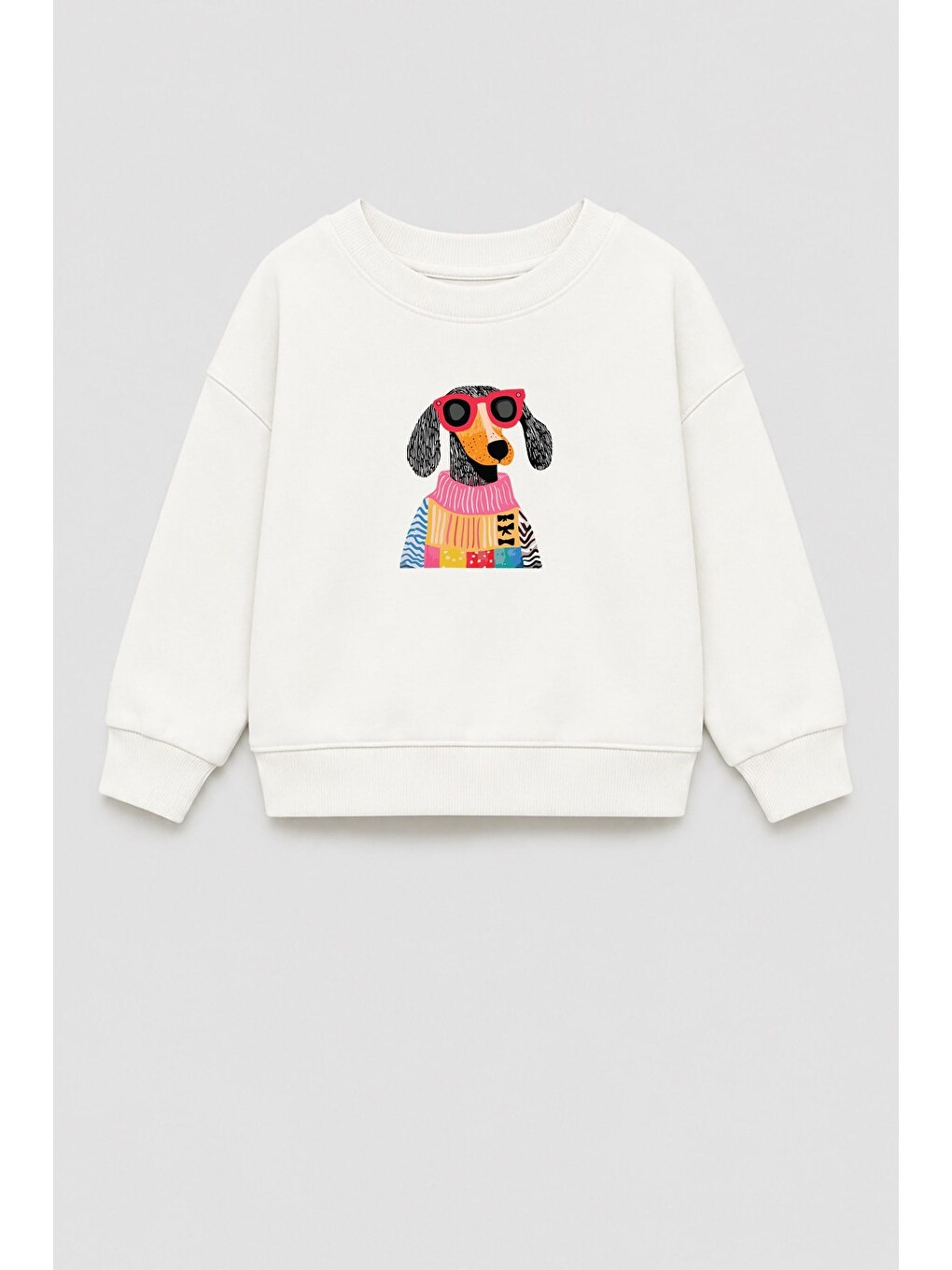 Ekru Unisex Çocuk 3 İplik Kumaş Köpek Baskılı Pamuklu Sweatshirt
