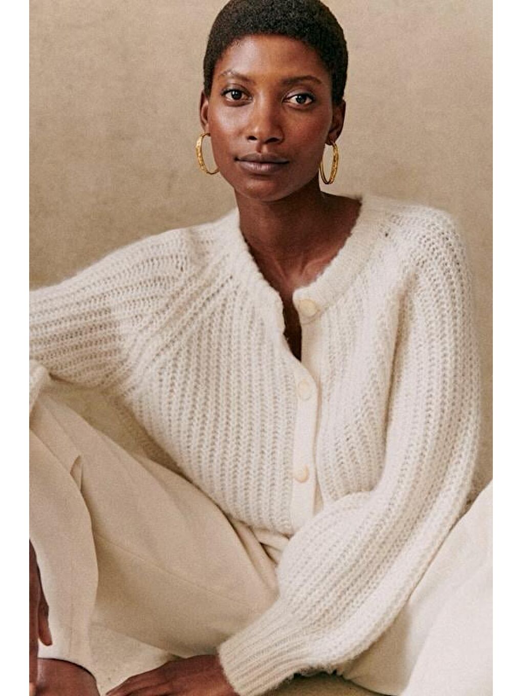 Ekru  Bisiklet Yaka Selanik Örgü Düğmeli Kadın Hırka Mg2487