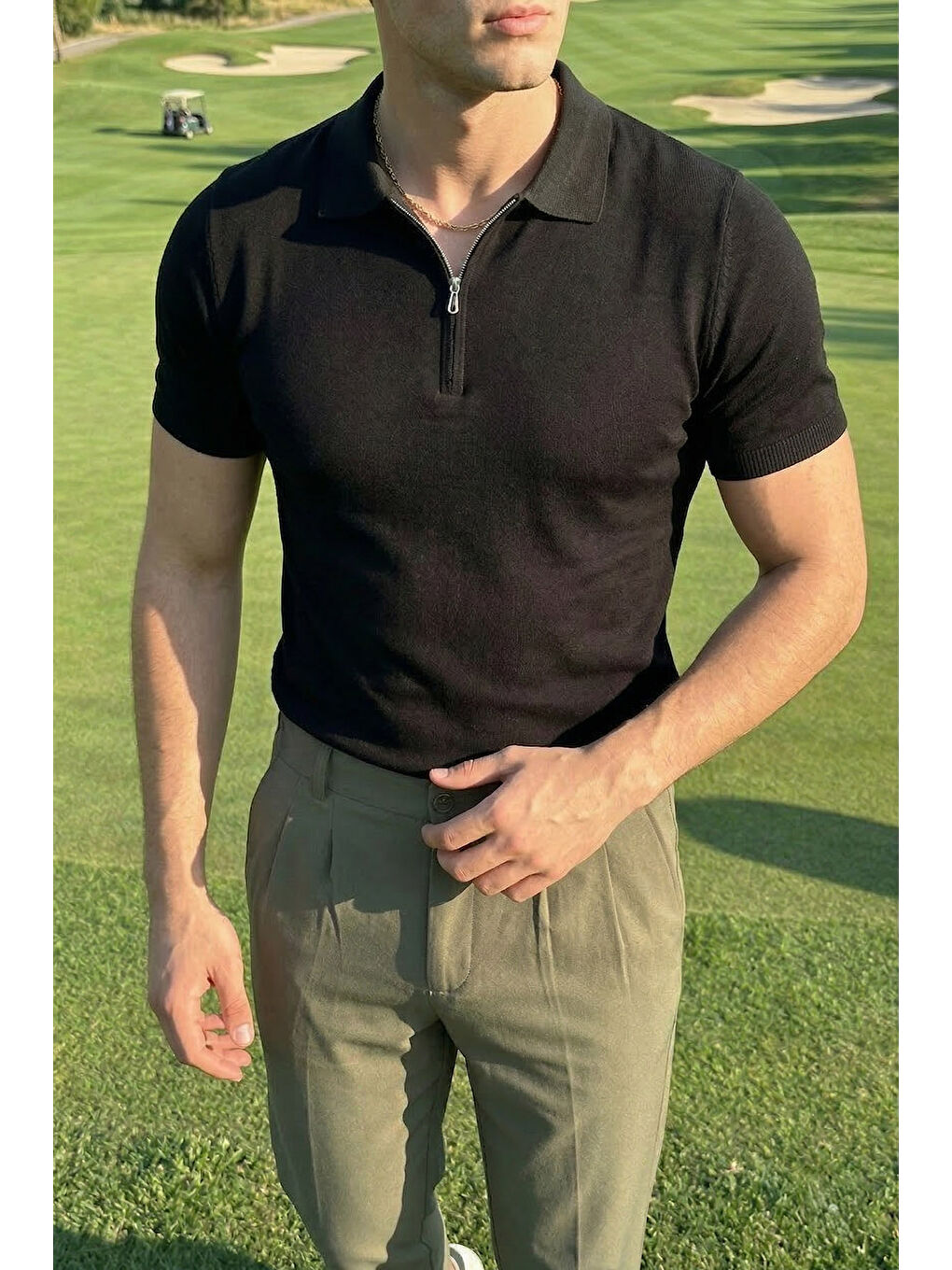 Siyah Osko Erkek Polo Yaka Pamuk Düz İnce Triko Tişört-4