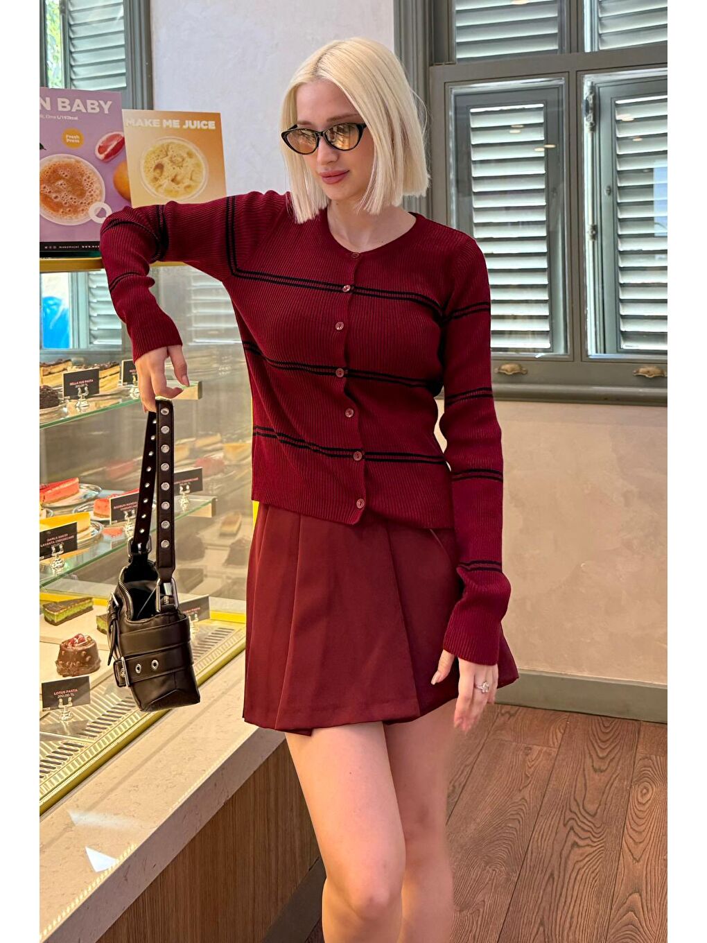 Bordo Çizgili Kadın Triko Hırka Mg2481-1