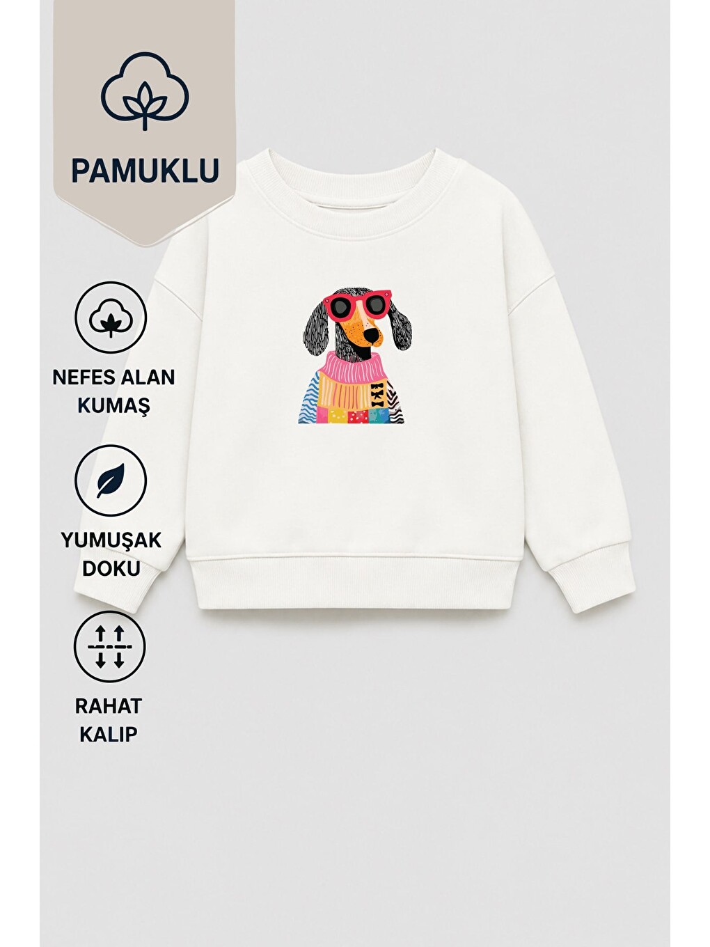 Ekru Unisex Çocuk 3 İplik Kumaş Köpek Baskılı Pamuklu Sweatshirt-1