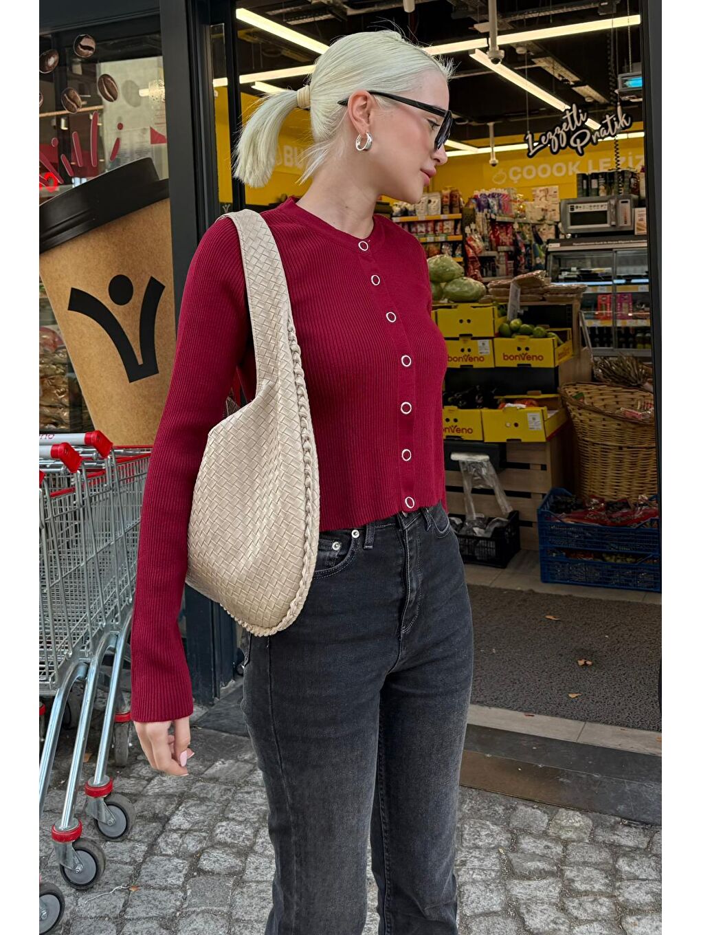 Bordo Çıt Kapamalı Triko Kadın Hırka Mg2579-4