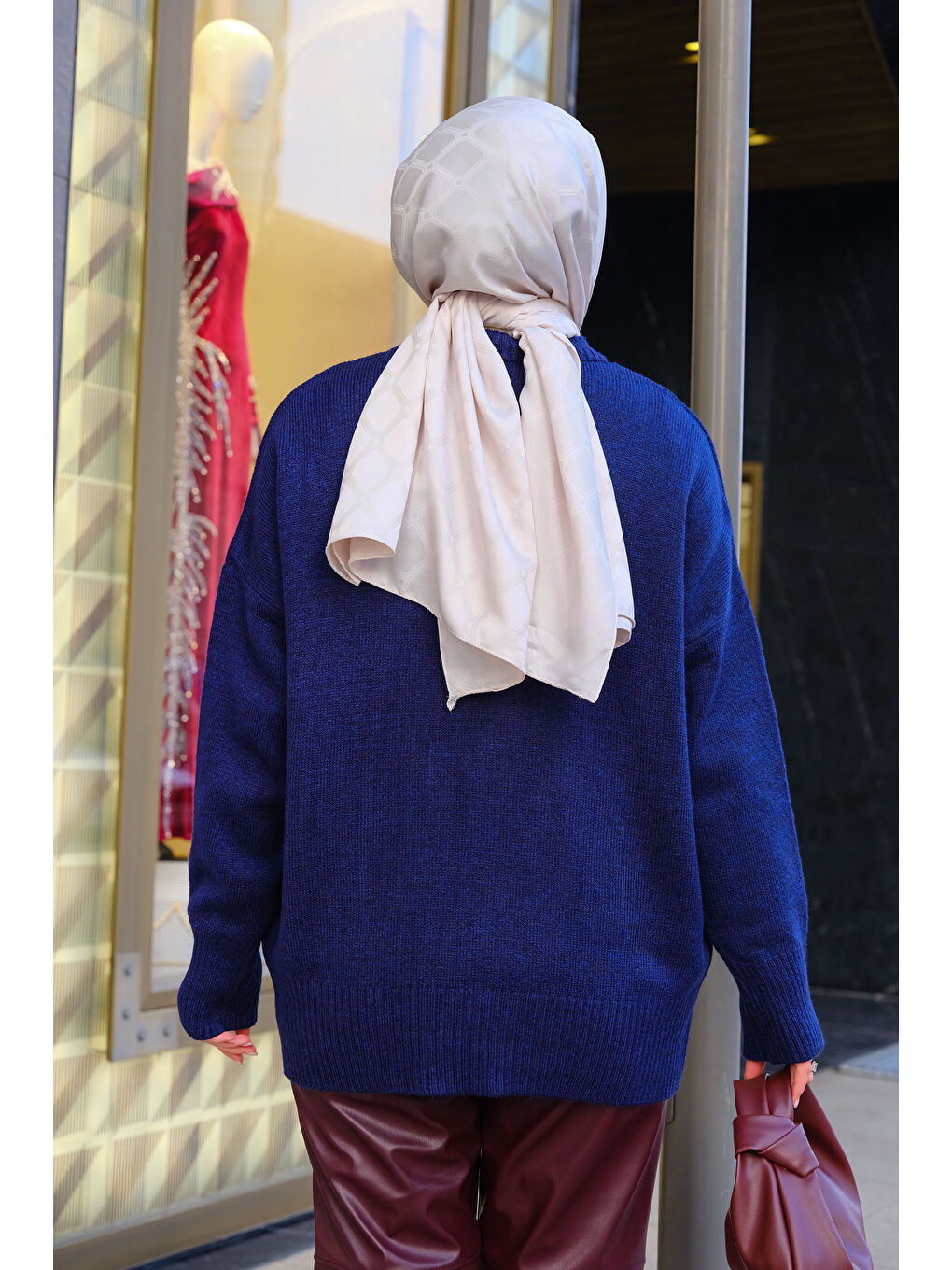 Gri Şardonlu Ayıcık Desenli Bisiklet Yaka Kazak Lacivert-2