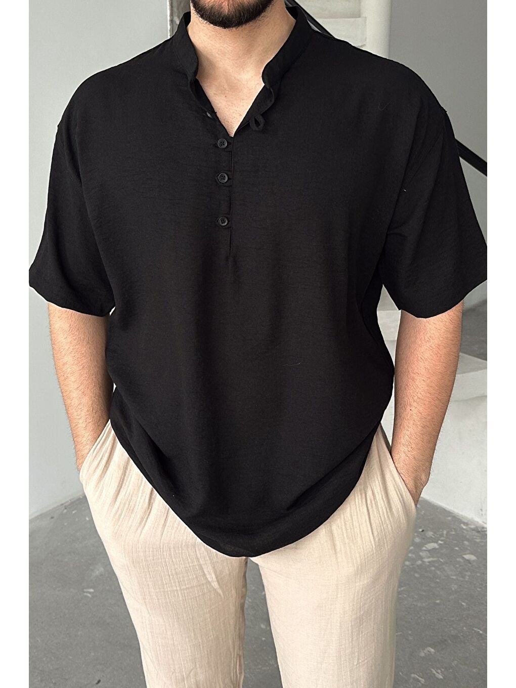 Siyah Soro Erkek Oversize Keten Görünümlü Kısa Kol Hakim Yaka Yarım Pat Gömlek-7