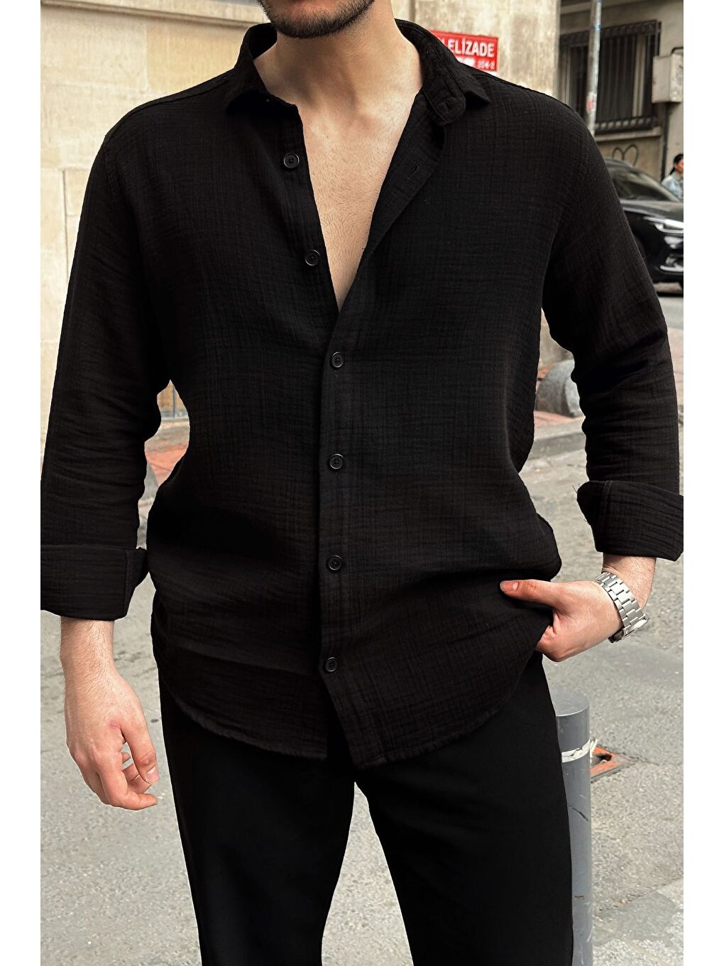 Siyah Tap Erkek Oversize Pamuk Gömlek-6