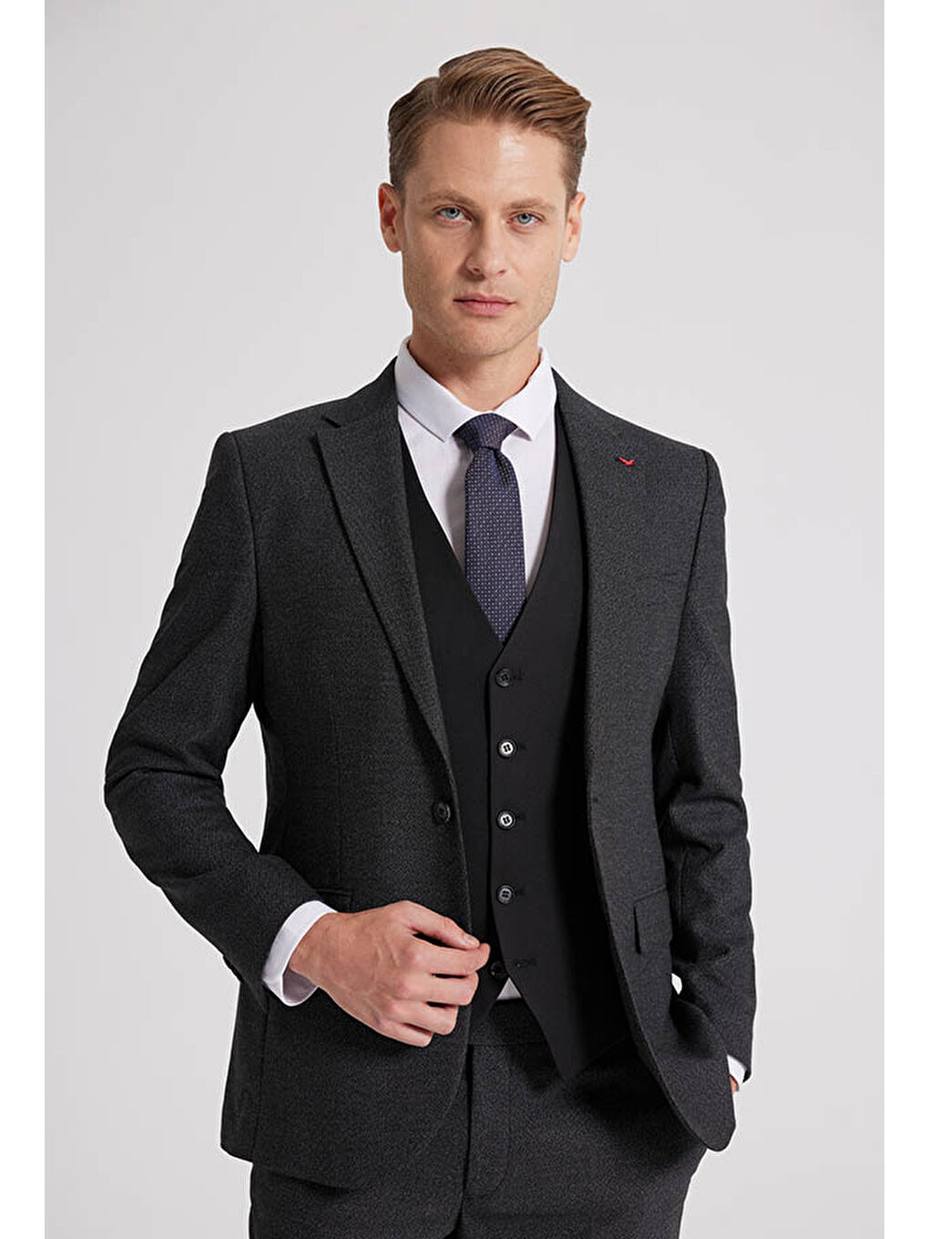 Slim Fit Antrasit Armürlü Mono Yaka Tek Yırtmaçlı Astarlı Takim Elbise Kombinli