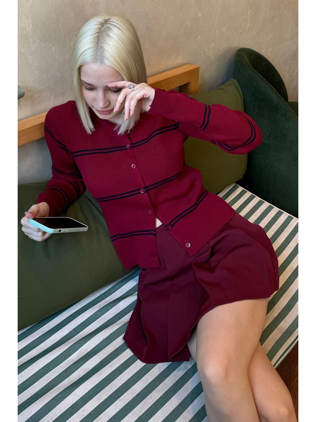 Bordo Çizgili Kadın Triko Hırka Mg2481-2