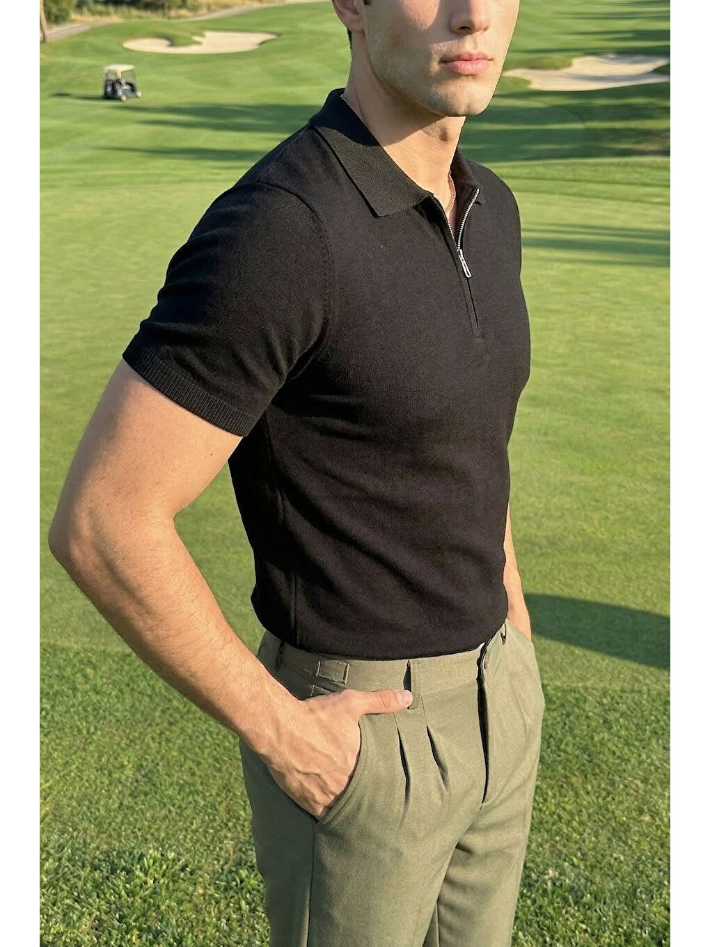 Siyah Osko Erkek Polo Yaka Pamuk Düz İnce Triko Tişört-5