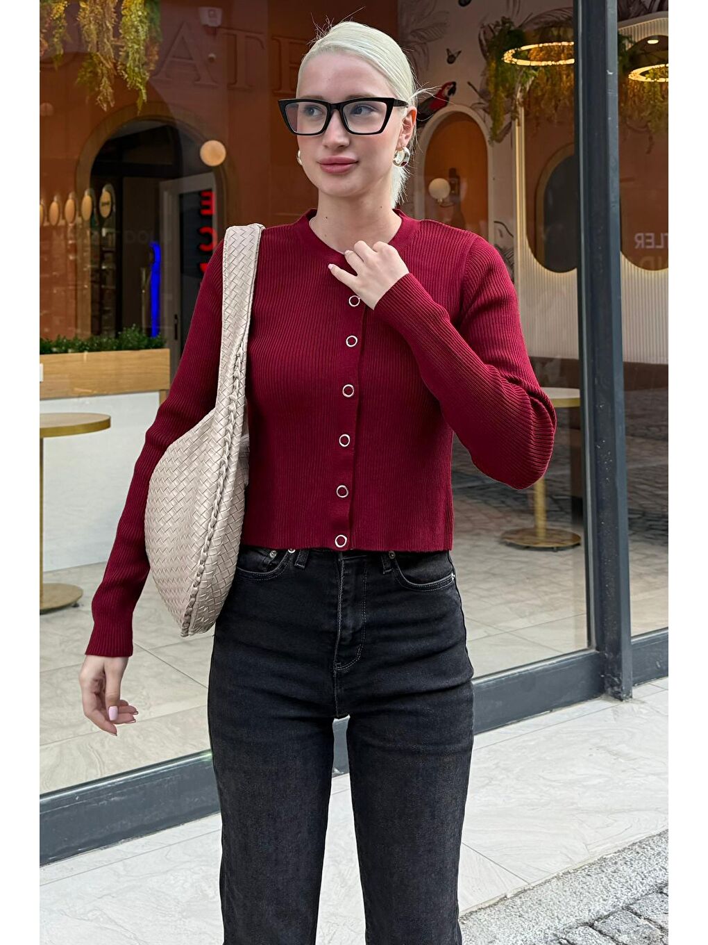 Bordo Çıt Kapamalı Triko Kadın Hırka Mg2579-5