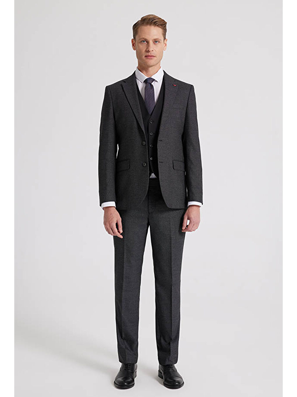 Slim Fit Antrasit Armürlü Mono Yaka Tek Yırtmaçlı Astarlı Takim Elbise Kombinli-1