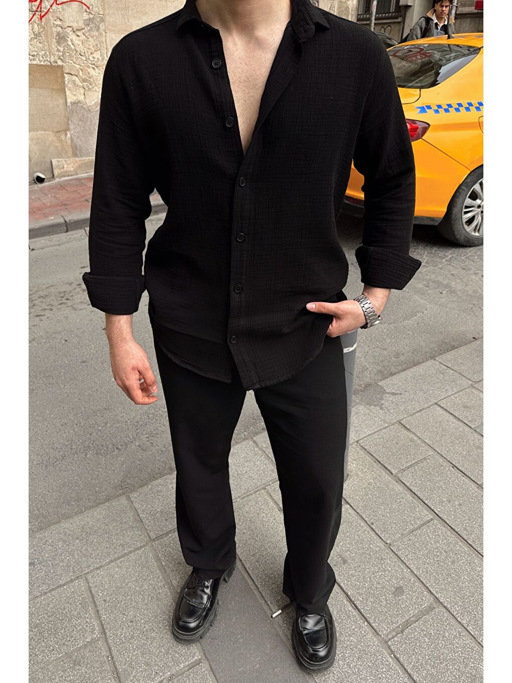 Siyah Tap Erkek Oversize Pamuk Gömlek-7