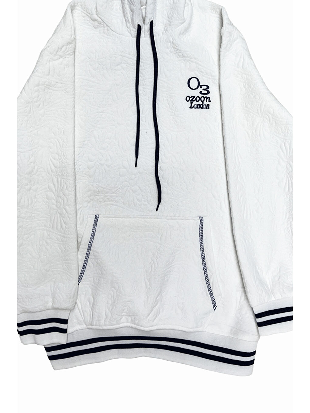 Beyaz Erkek Çocuk 3 İplik Desenli Kapüşonlu Kanguru Cepli Sweatshirt 12332-1