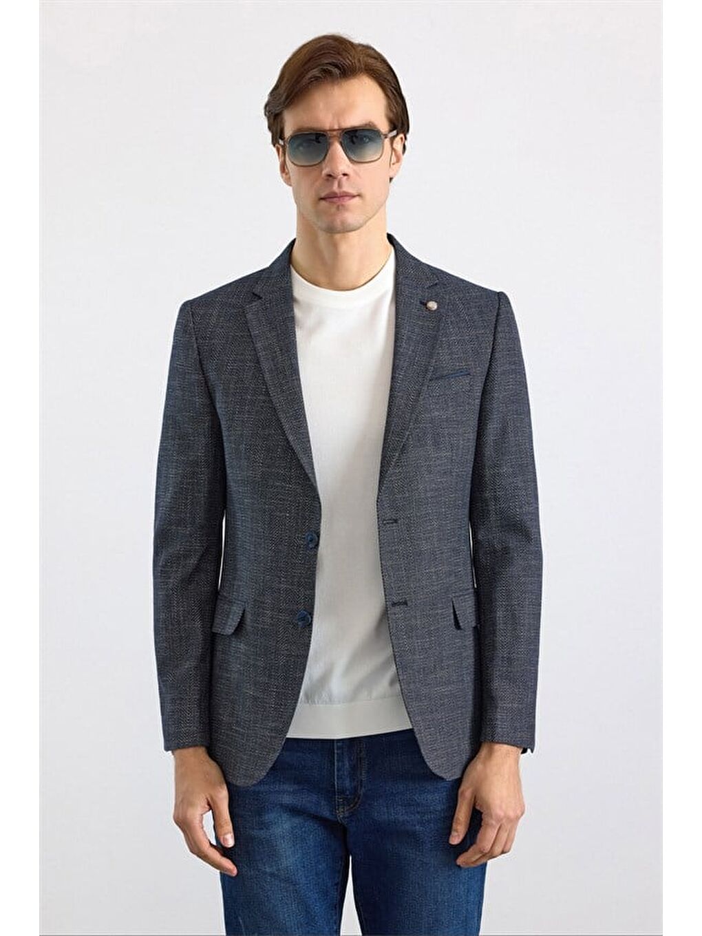 Lacivert Slim Mono Yaka Düz Pike Torba Cep Yıkamalı 6 Drop Klasik Ceket-3