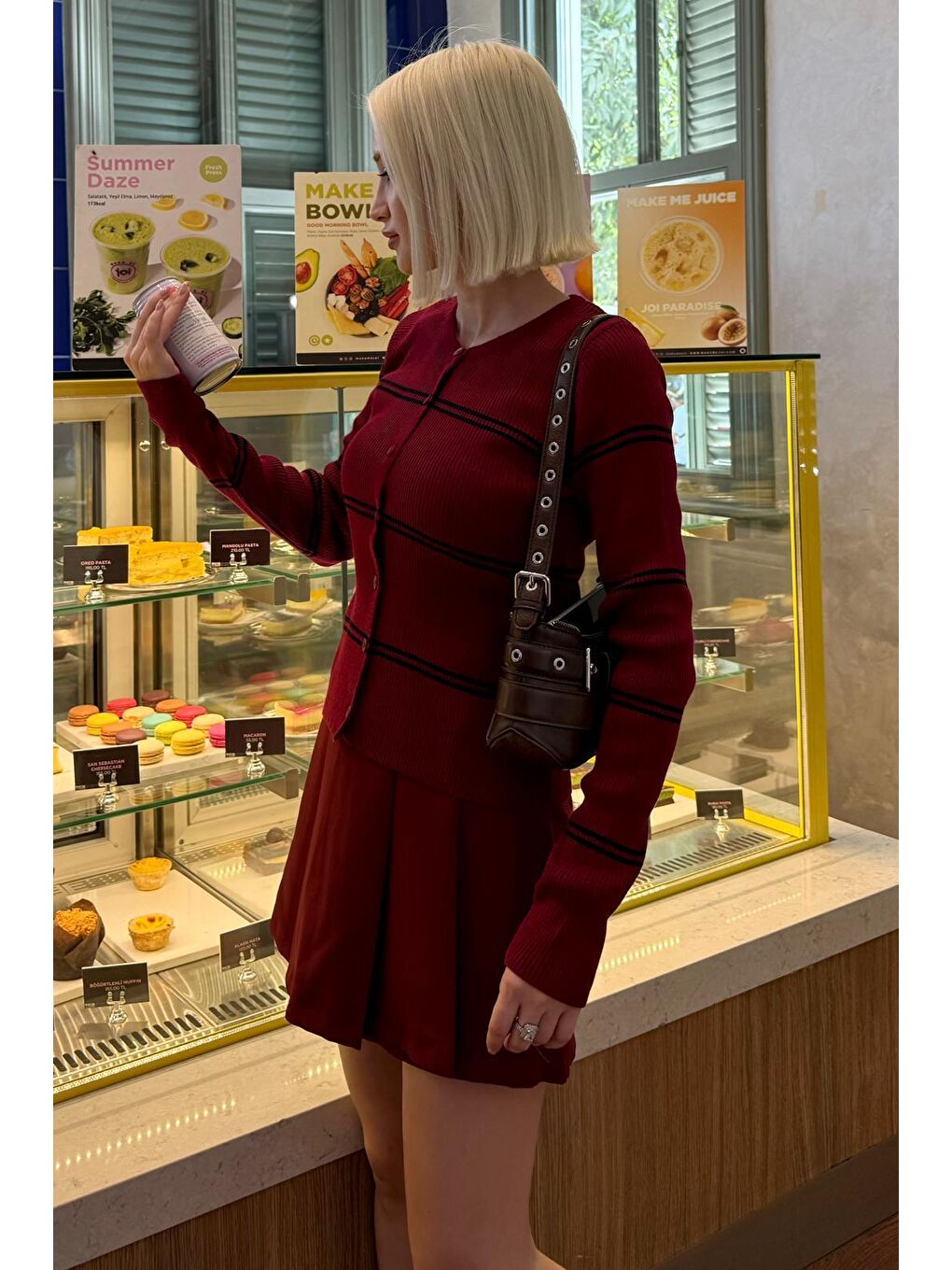 Bordo Çizgili Kadın Triko Hırka Mg2481-3