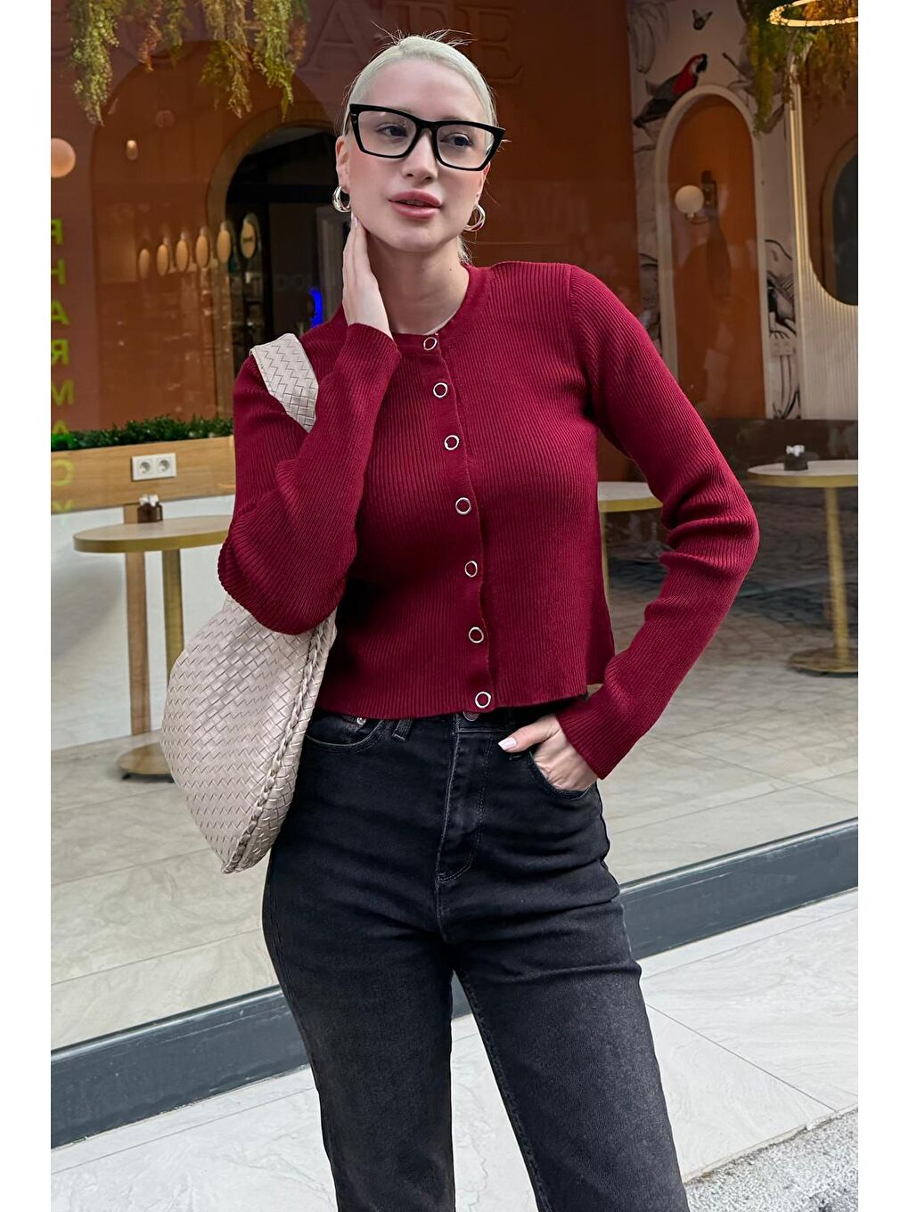 Bordo Çıt Kapamalı Triko Kadın Hırka Mg2579-6