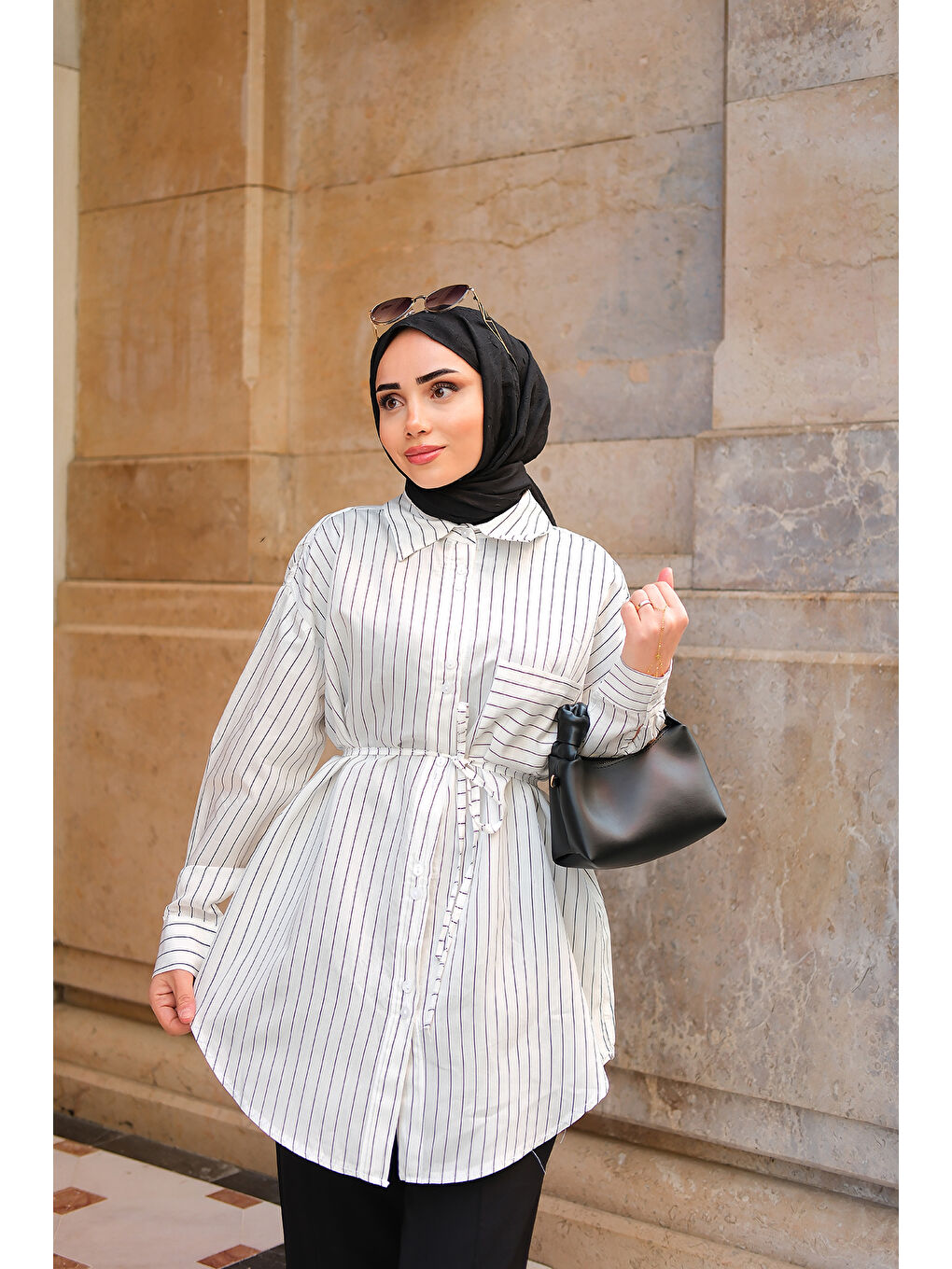 Kadın Çizgili Gömlek Beyaz-1