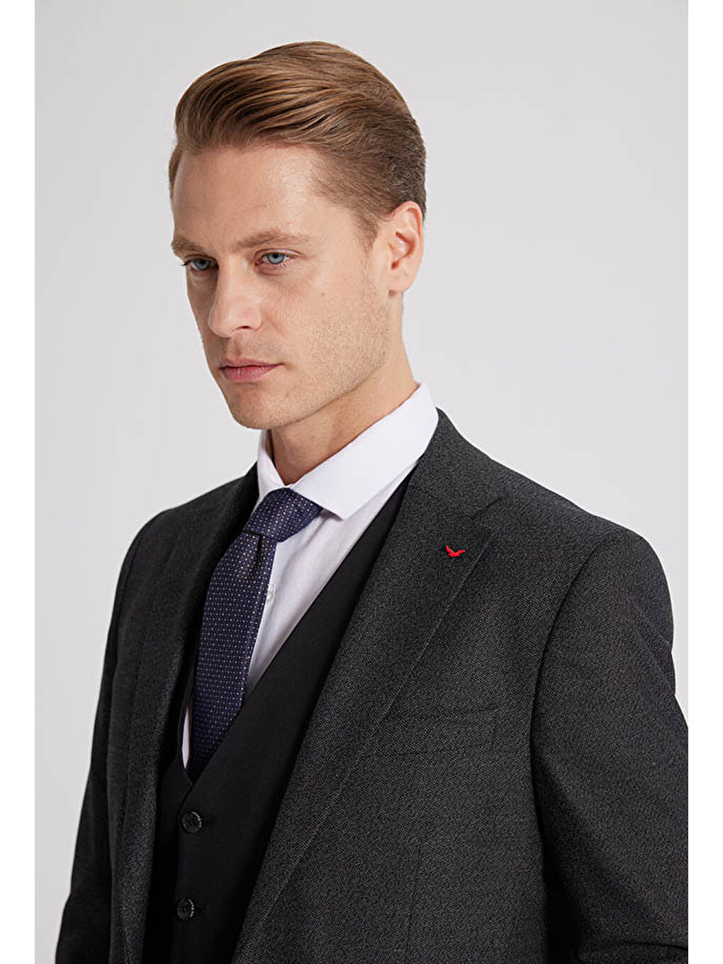 Slim Fit Antrasit Armürlü Mono Yaka Tek Yırtmaçlı Astarlı Takim Elbise Kombinli-4