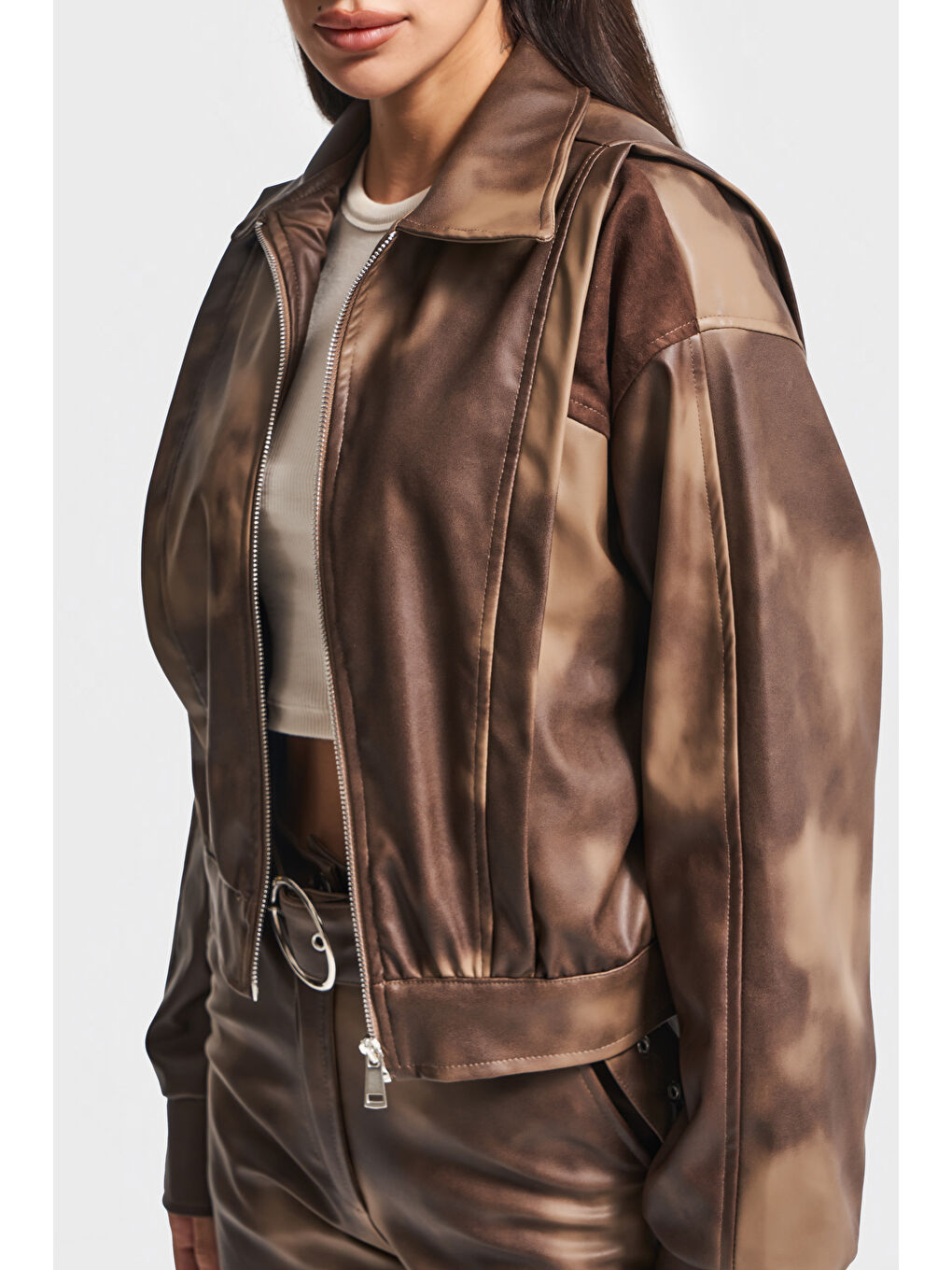 Kahverengi Kadın Batik Renk w5-16 Bol Kesim Özel Renk Tasarım Deri Ceket-1