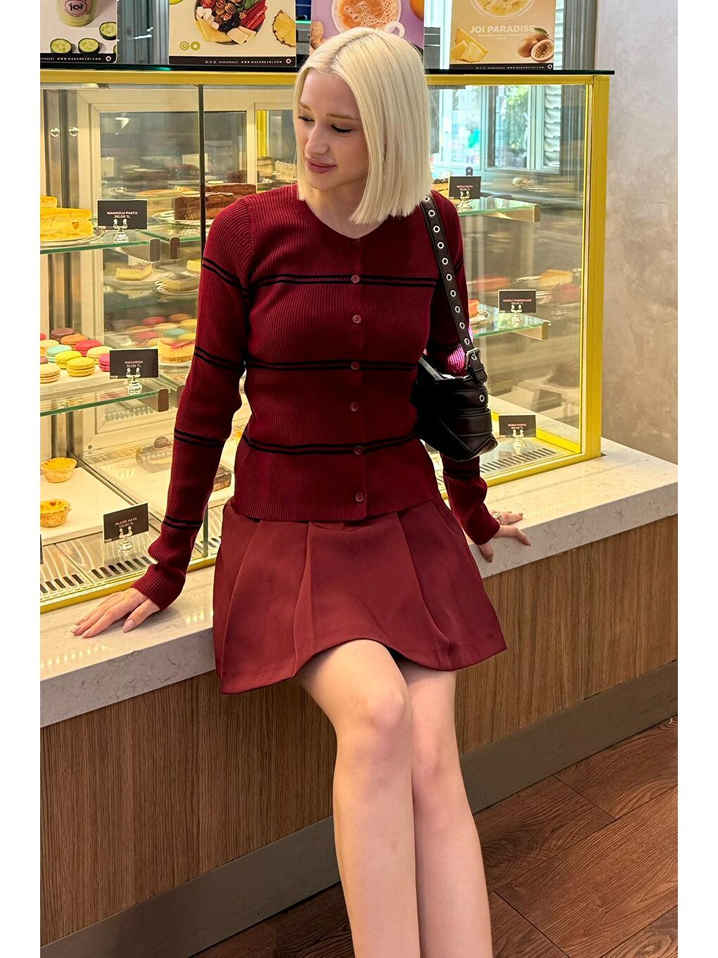 Bordo Çizgili Kadın Triko Hırka Mg2481-4