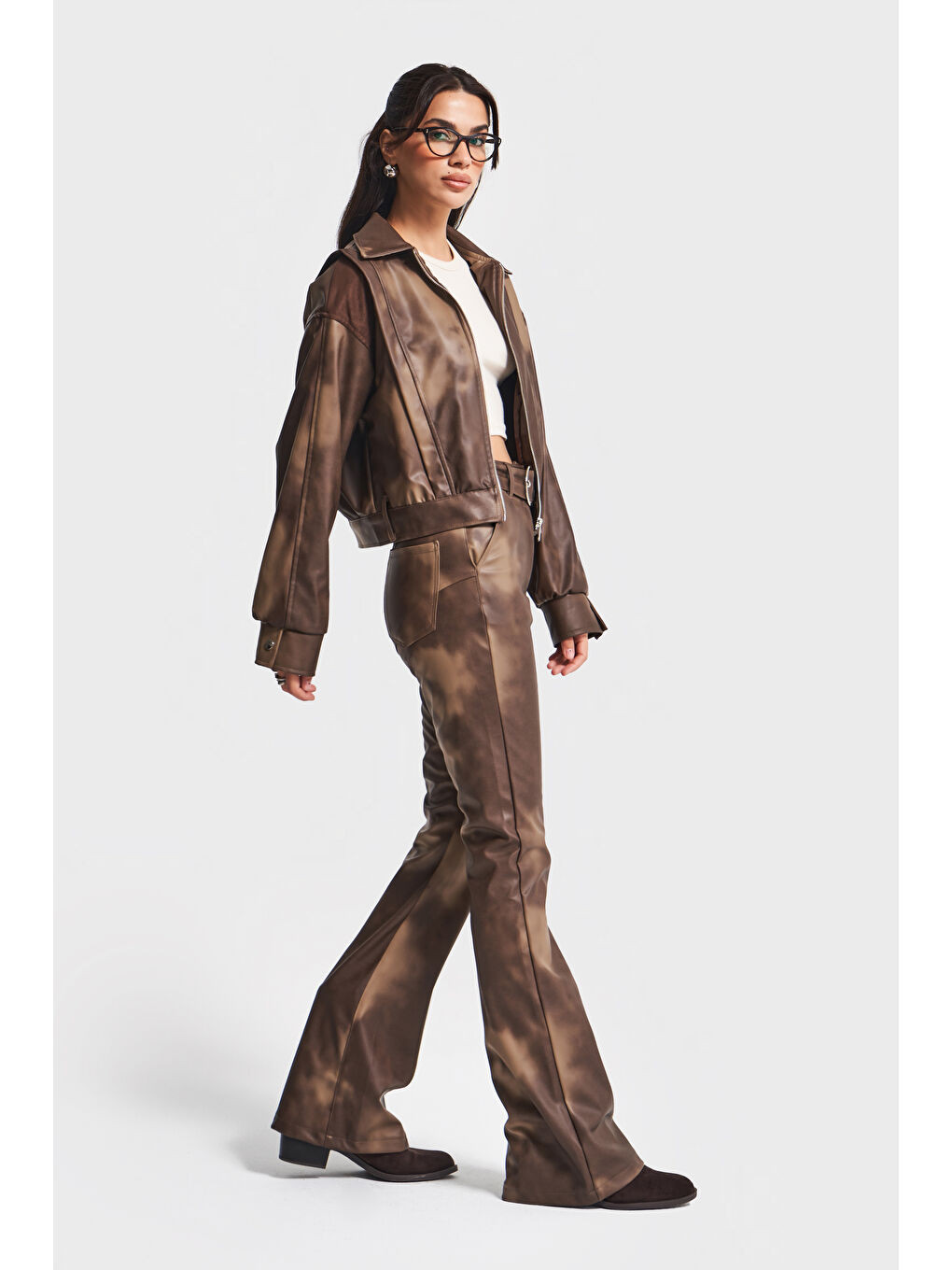 Kahverengi Kadın Batik Renk w5-16 Bol Kesim Özel Renk Tasarım Deri Ceket-2