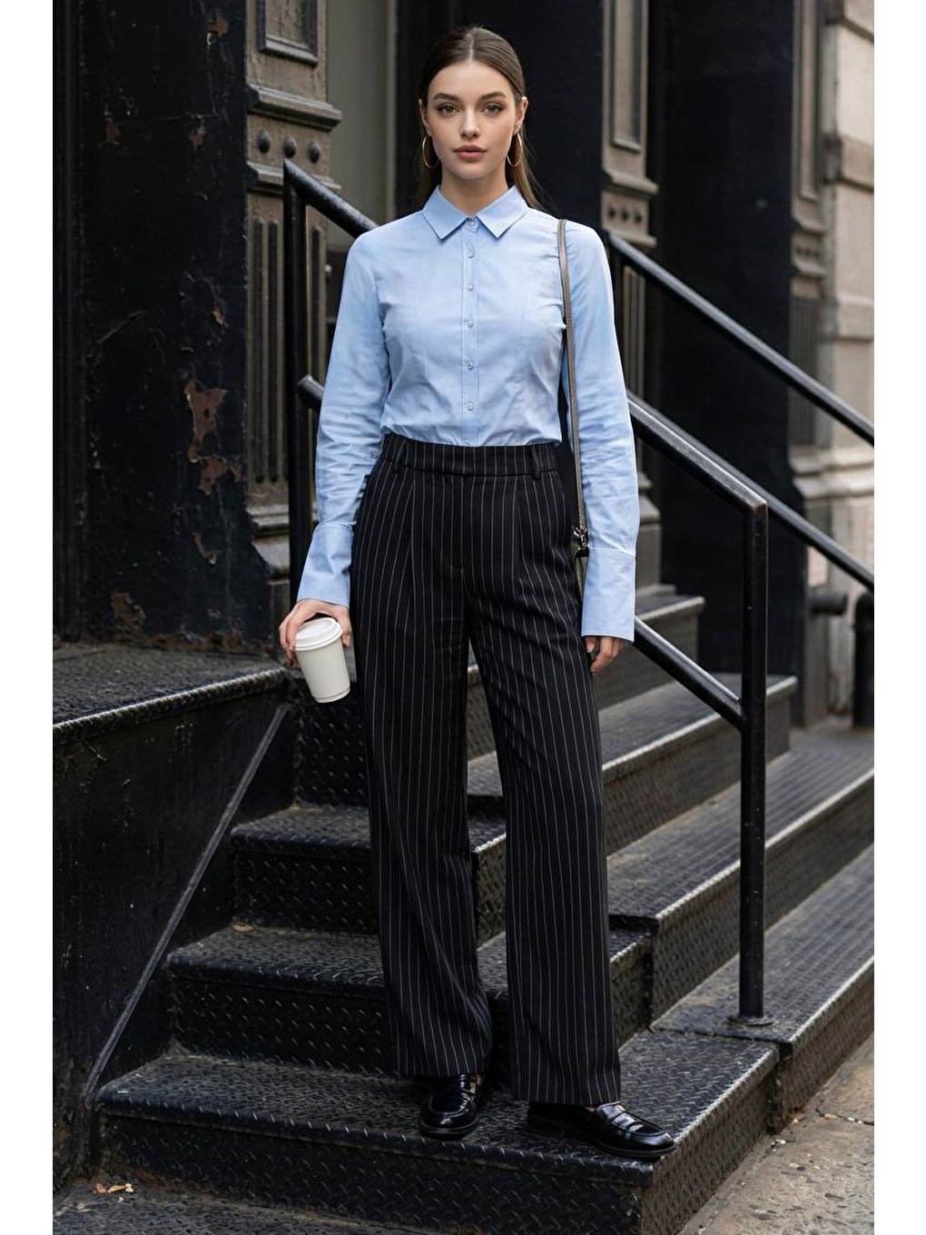 Siyah Çizgili Yüksek Bel Pileli Kadın Kumaş Pantolon Mg2641