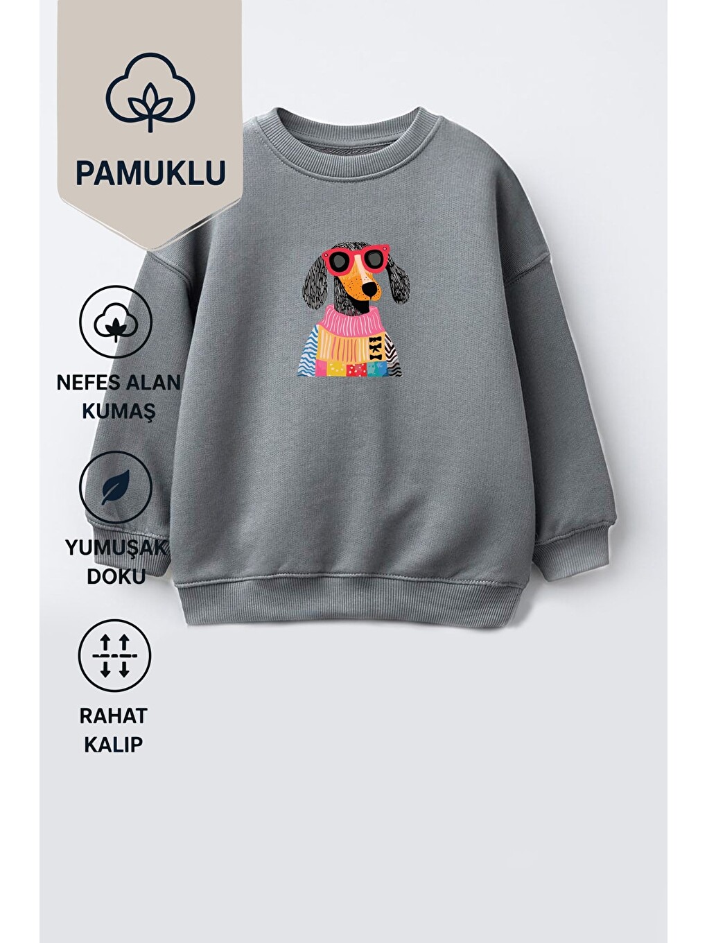 Antrasit Unisex Çocuk 3 İplik Kumaş Köpek Baskılı Pamuklu Sweatshirt-1