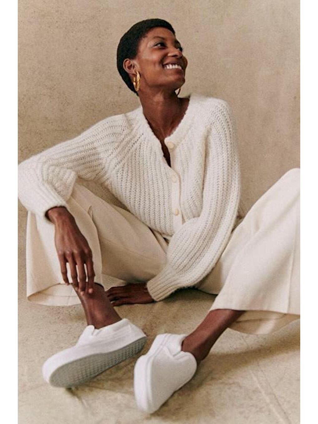 Ekru  Bisiklet Yaka Selanik Örgü Düğmeli Kadın Hırka Mg2487-2