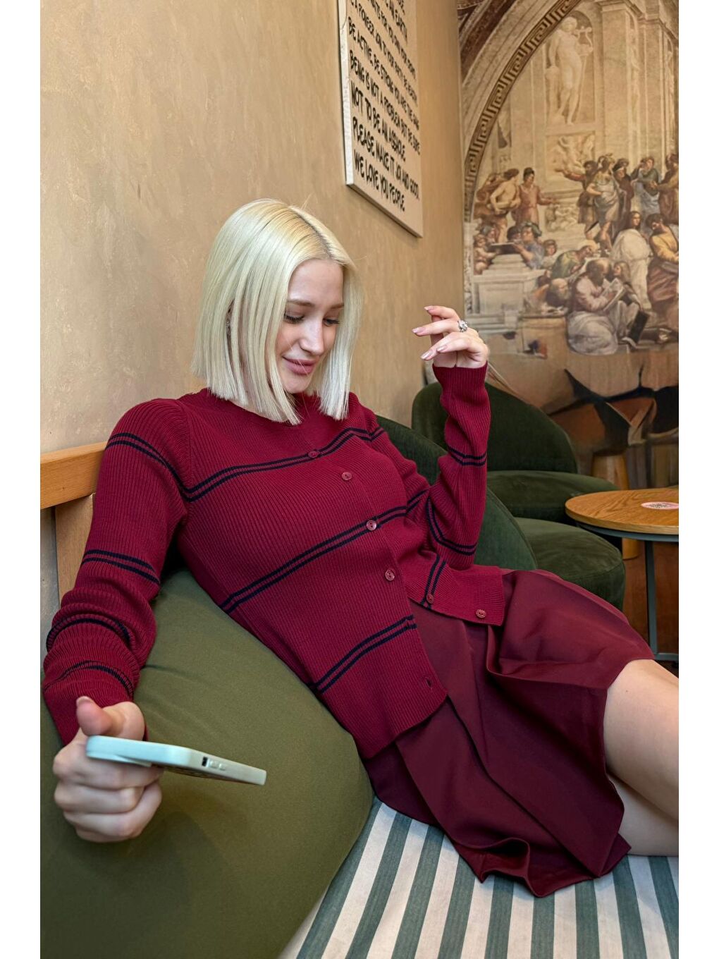 Bordo Çizgili Kadın Triko Hırka Mg2481-5