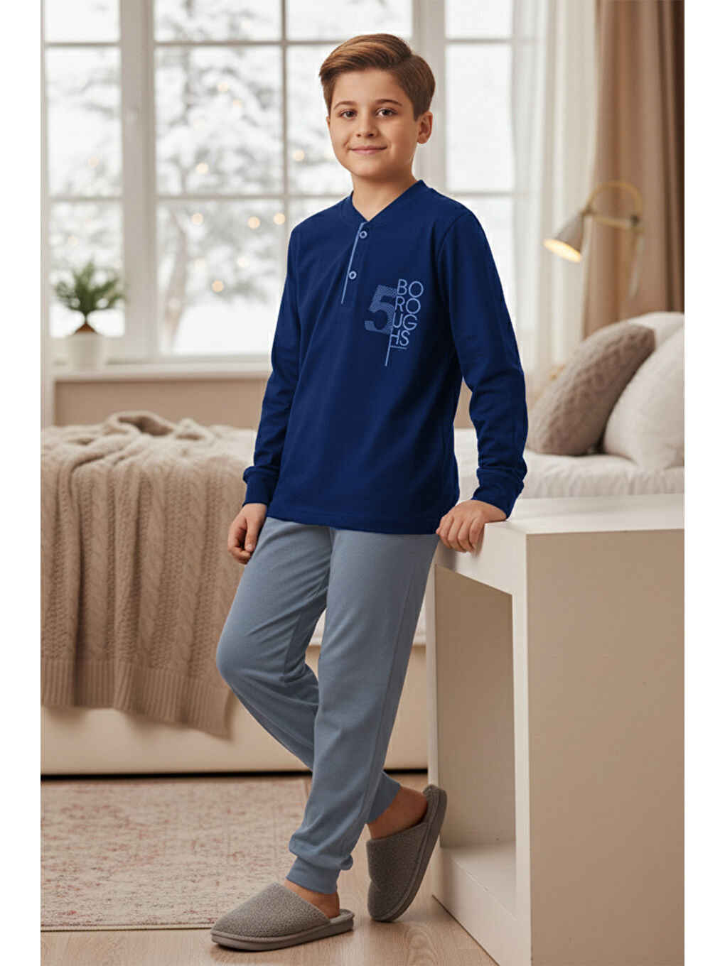 Erkek Genç Çocuk Pamuk Pijama Takımı 4227 Açık Lacivert