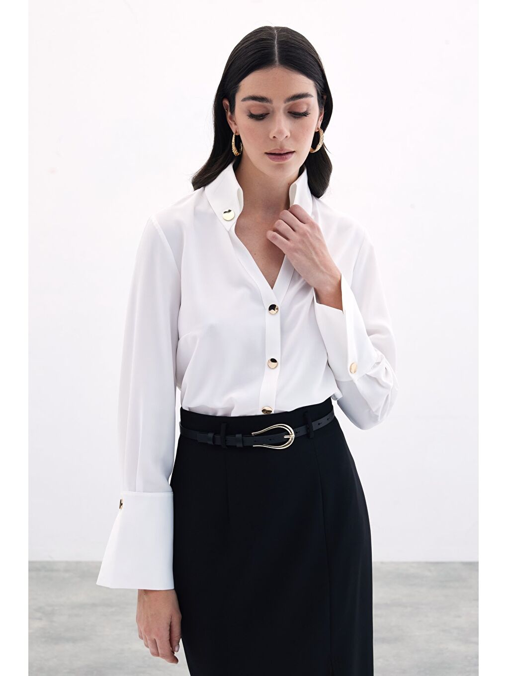 Çıt Çıt Detaylı Gömlek - Ekru-1